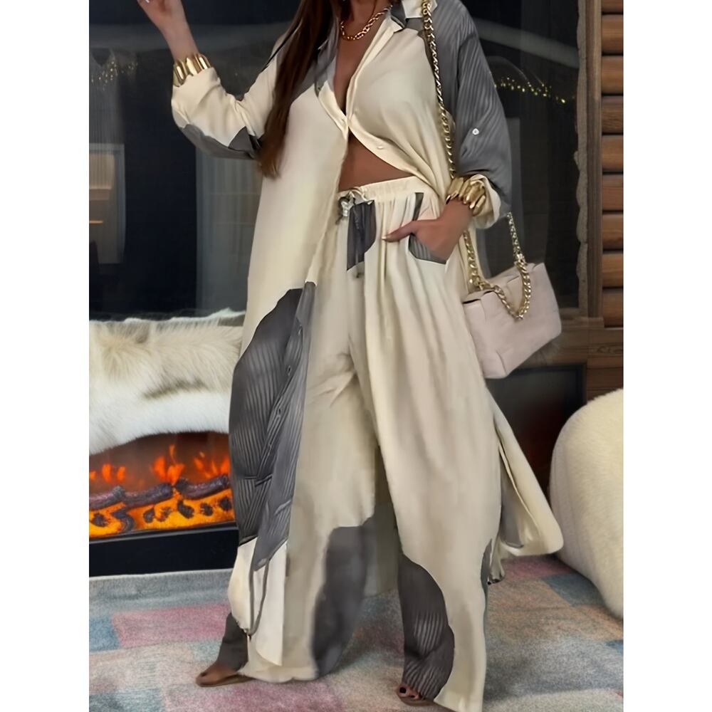 Ivory Gray Abstract Leaf Longline Shirt Wide-Leg Pants Set - Picture 6 of 8